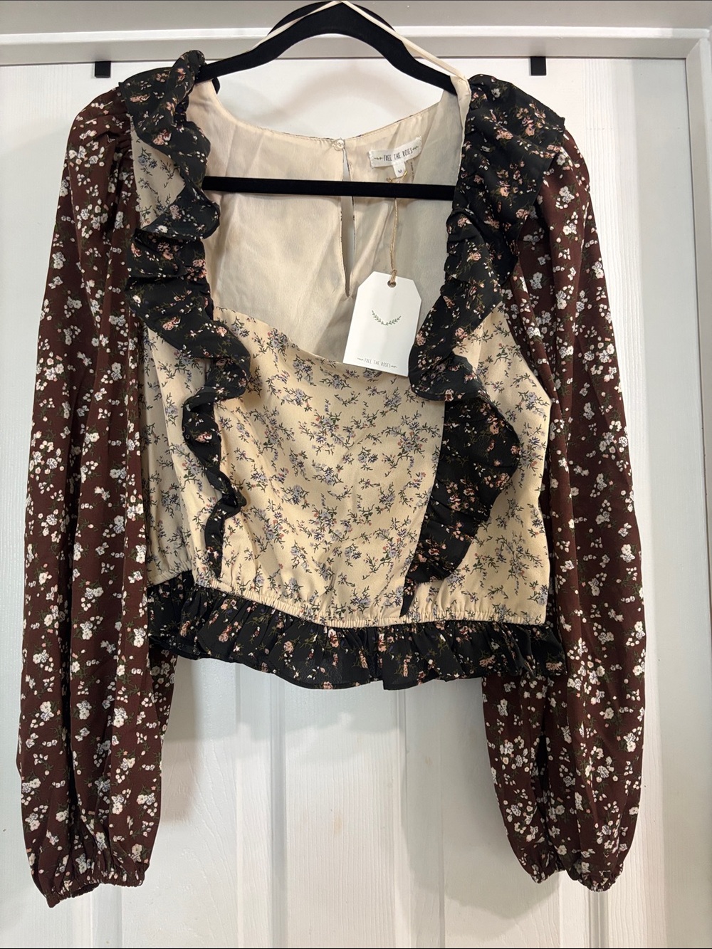 Free the Roses Floral Ruffle Crop Top in Brown, Cream & Black